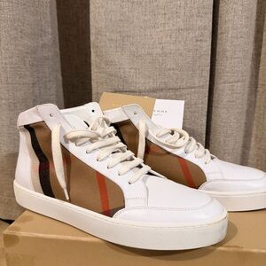 Burberry White and Tan High-Top Sneakers